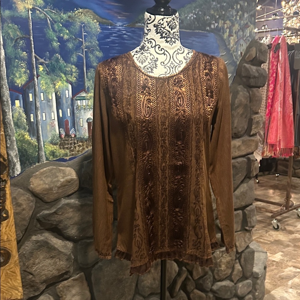 NWT Parsley & Sage Brown Embroidered Blouse Small